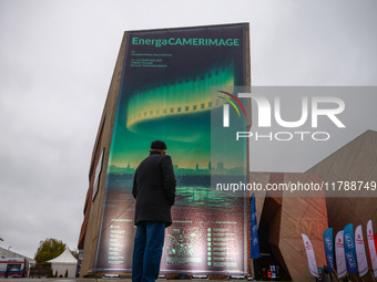 An official poster of the 32nd International Film Festival Energa CAMERIMAGE hanging on the Cultural and Congress Centre Jordanki, Torun, Po...