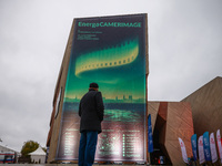 An official poster of the 32nd International Film Festival Energa CAMERIMAGE hanging on the Cultural and Congress Centre Jordanki, Torun, Po...