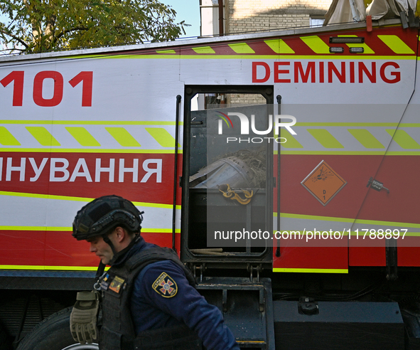 A fragment of a Russian missile is in a demining truck after being removed by State Emergency Service workers from a five-storey apartment b...