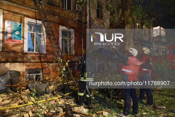 A response effort to a fire in a three-story residential building caused by a Russian missile and drone attack is underway in central Odesa,...