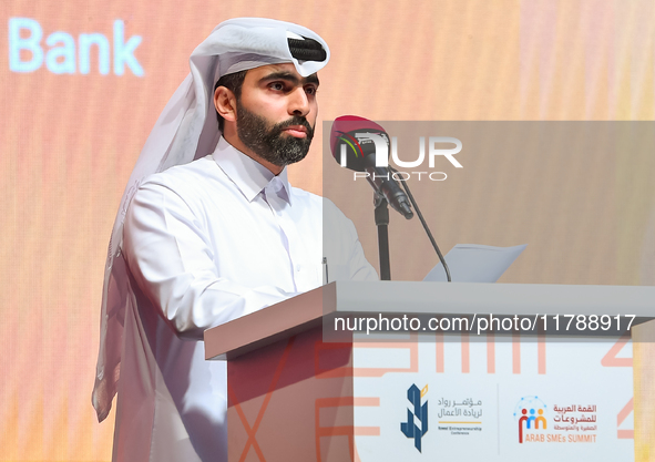 Abdulrahman Hesham Al-Sowaidi, CEO of Qatar Development Bank, delivers a speech during the opening ceremony of the ROWAD Entrepreneurship Co...