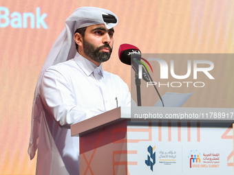 Abdulrahman Hesham Al-Sowaidi, CEO of Qatar Development Bank, delivers a speech during the opening ceremony of the ROWAD Entrepreneurship Co...