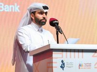 Abdulrahman Hesham Al-Sowaidi, CEO of Qatar Development Bank, delivers a speech during the opening ceremony of the ROWAD Entrepreneurship Co...