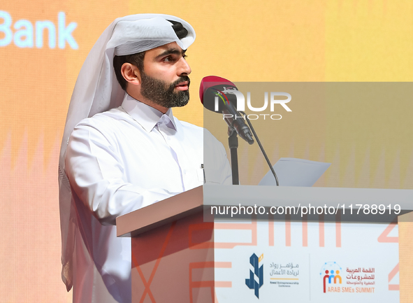 Abdulrahman Hesham Al-Sowaidi, CEO of Qatar Development Bank, delivers a speech during the opening ceremony of the ROWAD Entrepreneurship Co...