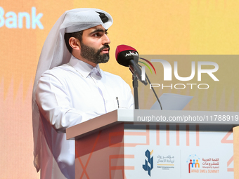 Abdulrahman Hesham Al-Sowaidi, CEO of Qatar Development Bank, delivers a speech during the opening ceremony of the ROWAD Entrepreneurship Co...