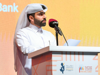 Abdulrahman Hesham Al-Sowaidi, CEO of Qatar Development Bank, delivers a speech during the opening ceremony of the ROWAD Entrepreneurship Co...