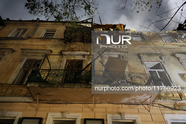 A three-storey residential building in downtown Odesa, Ukraine, is damaged by a Russian missile and drone attack on November 15, 2024. 