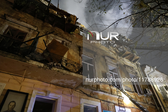 A three-storey residential building in downtown Odesa, Ukraine, is damaged by a Russian missile and drone attack on November 15, 2024. 