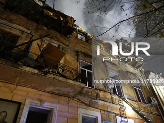 A three-storey residential building in downtown Odesa, Ukraine, is damaged by a Russian missile and drone attack on November 15, 2024. (