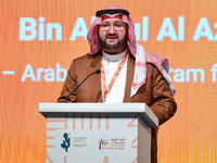 Prince Abdul Aziz bin Talal bin Abdul Aziz Al Saud, Chairman of the Arab Gulf Program for Development (AGFUND), delivers a speech during the...