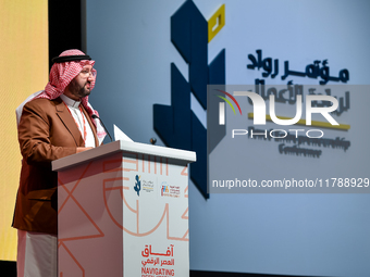 Prince Abdul Aziz bin Talal bin Abdul Aziz Al Saud, Chairman of the Arab Gulf Program for Development (AGFUND), delivers a speech during the...