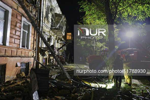 A response effort to a fire in a three-story residential building caused by a Russian missile and drone attack is underway in central Odesa,...