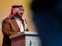 Prince Abdul Aziz bin Talal bin Abdul Aziz Al Saud, Chairman of the Arab Gulf Program for Development (AGFUND), delivers a speech during the...