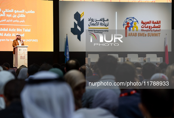 Prince Abdul Aziz bin Talal bin Abdul Aziz Al Saud, Chairman of the Arab Gulf Program for Development (AGFUND), delivers a speech during the...