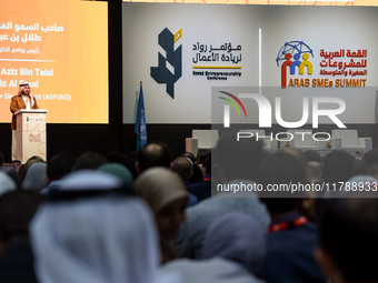 Prince Abdul Aziz bin Talal bin Abdul Aziz Al Saud, Chairman of the Arab Gulf Program for Development (AGFUND), delivers a speech during the...