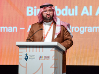 Prince Abdul Aziz bin Talal bin Abdul Aziz Al Saud, Chairman of the Arab Gulf Program for Development (AGFUND), delivers a speech during the...