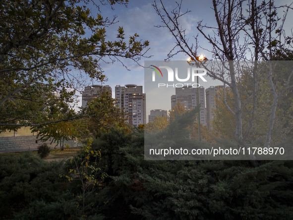 A view of housing complexes in the Chigger neighborhood in northwestern Tehran, Iran, on November 17, 2024, at sunset. 