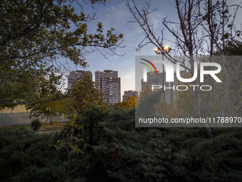 A view of housing complexes in the Chigger neighborhood in northwestern Tehran, Iran, on November 17, 2024, at sunset. (