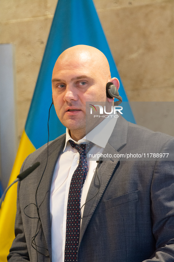 Serhiy Lysak, the governor of Dnipropetrovsk Oblast of Ukraine, speaks during the press conference before the Ukraine Conference of NRW at F...