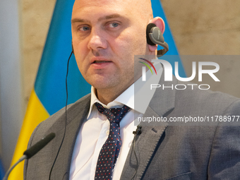 Serhiy Lysak, the governor of Dnipropetrovsk Oblast of Ukraine, speaks during the press conference before the Ukraine Conference of NRW at F...