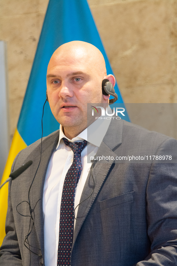 Serhiy Lysak, the governor of Dnipropetrovsk Oblast of Ukraine, speaks during the press conference before the Ukraine Conference of NRW at F...