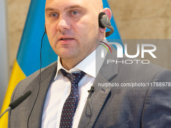 Serhiy Lysak, the governor of Dnipropetrovsk Oblast of Ukraine, speaks during the press conference before the Ukraine Conference of NRW at F...