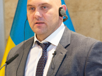 Serhiy Lysak, the governor of Dnipropetrovsk Oblast of Ukraine, speaks during the press conference before the Ukraine Conference of NRW at F...