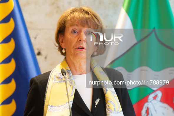 Henriette Reker, the mayor of Cologne, speaks during the press conference before the Ukraine Conference of NRW at Flora Hall in Cologne, Ger...