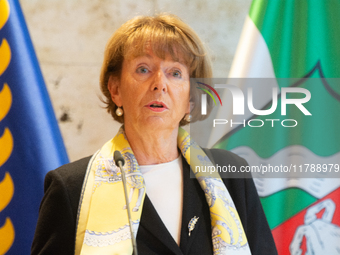 Henriette Reker, the mayor of Cologne, speaks during the press conference before the Ukraine Conference of NRW at Flora Hall in Cologne, Ger...