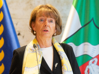 Henriette Reker, the mayor of Cologne, speaks during the press conference before the Ukraine Conference of NRW at Flora Hall in Cologne, Ger...