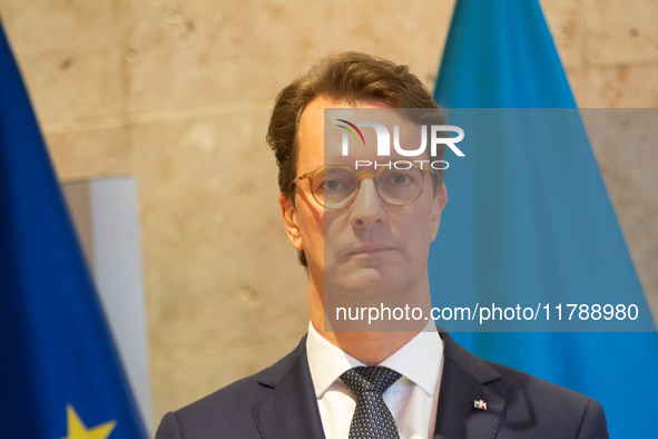 Hendrik Wust, NRW state minister president, speaks during the press conference before the Ukraine Conference of NRW at Flora Hall in Cologne...