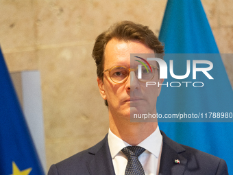 Hendrik Wust, NRW state minister president, speaks during the press conference before the Ukraine Conference of NRW at Flora Hall in Cologne...