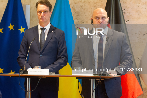 Hendrik Wust, NRW state minister president, and Serhiy Lysak, the governor of Dnipropetrovsk Oblast of Ukraine, are seen during the press co...