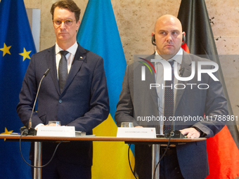 Hendrik Wust, NRW state minister president, and Serhiy Lysak, the governor of Dnipropetrovsk Oblast of Ukraine, are seen during the press co...