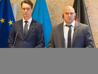 Hendrik Wust, NRW state minister president, and Serhiy Lysak, the governor of Dnipropetrovsk Oblast of Ukraine, are seen during the press co...