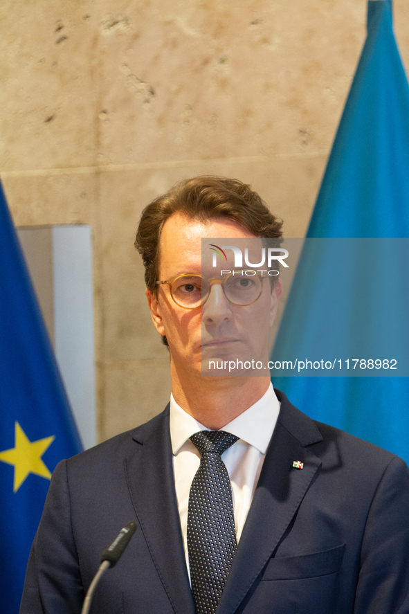 Hendrik Wust, NRW state minister president, speaks during the press conference before the Ukraine Conference of NRW at Flora Hall in Cologne...