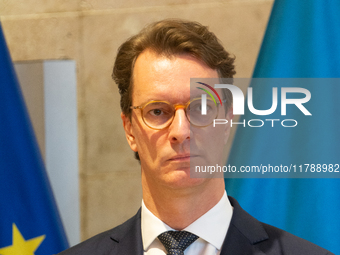 Hendrik Wust, NRW state minister president, speaks during the press conference before the Ukraine Conference of NRW at Flora Hall in Cologne...