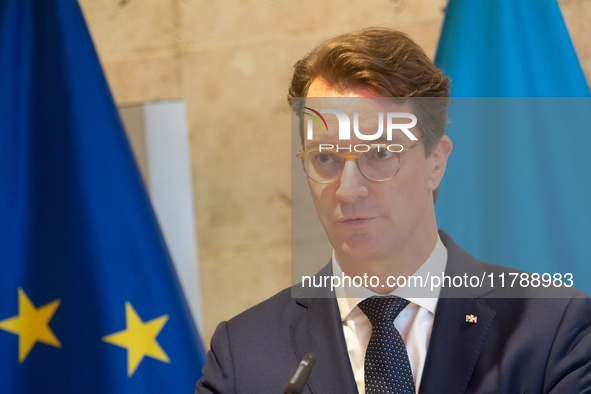 Hendrik Wust, NRW state minister president, speaks during the press conference before the Ukraine Conference of NRW at Flora Hall in Cologne...