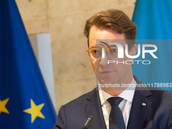 Hendrik Wust, NRW state minister president, speaks during the press conference before the Ukraine Conference of NRW at Flora Hall in Cologne...