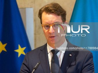 Hendrik Wust, NRW state minister president, speaks during the press conference before the Ukraine Conference of NRW at Flora Hall in Cologne...