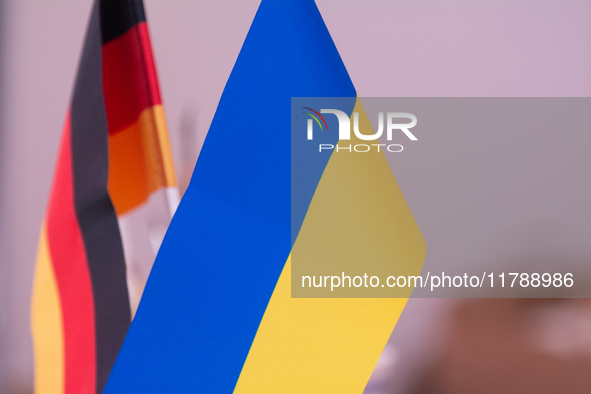 A general view of the flags of Ukraine and Germany is seen before the Ukraine Conference of NRW at Flora Hall in Cologne, Germany, on Novemb...