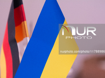 A general view of the flags of Ukraine and Germany is seen before the Ukraine Conference of NRW at Flora Hall in Cologne, Germany, on Novemb...