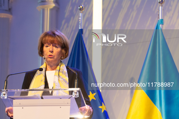 Henriette Reker, the mayor of Cologne, speaks during the opening of the Ukraine Conference of NRW at Flora Hall in Cologne, Germany, on Nove...