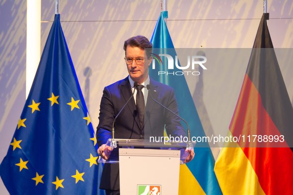 Hendrik Wust, NRW state minister president, speaks during the opening of the Ukraine Conference of NRW at Flora Hall in Cologne, Germany, on...