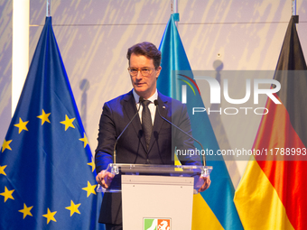 Hendrik Wust, NRW state minister president, speaks during the opening of the Ukraine Conference of NRW at Flora Hall in Cologne, Germany, on...