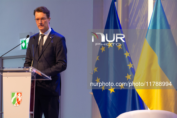 Hendrik Wust, NRW state minister president, speaks during the opening of the Ukraine Conference of NRW at Flora Hall in Cologne, Germany, on...