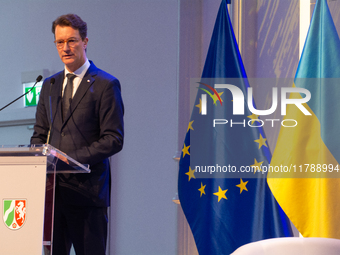 Hendrik Wust, NRW state minister president, speaks during the opening of the Ukraine Conference of NRW at Flora Hall in Cologne, Germany, on...