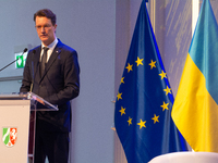 Hendrik Wust, NRW state minister president, speaks during the opening of the Ukraine Conference of NRW at Flora Hall in Cologne, Germany, on...