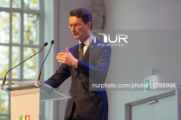 Hendrik Wust, NRW state minister president, speaks during the opening of the Ukraine Conference of NRW at Flora Hall in Cologne, Germany, on...