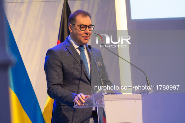 Oleksii Makeiev, Ukraine's Ambassador to Germany, speaks during the opening of the Ukraine Conference of NRW at Flora Hall in Cologne, Germa...